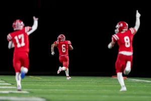 Millard South’s Dylan Kuhl runs in a pick six during a game between the Millard South and Omaha Westside in Omaha, NE on Sunday October 13th, 2023. Photo by Eric Francis