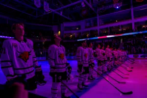 Omaha takes the ice during a game between the Niagra University and UNO in Omaha, NE on Saturday October 14th, 2023. Photo by Eric Francis