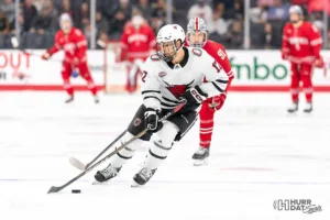 o17 moves the puck up the ice during a play off game between Ohio State and UNO Omaha, NE on Saturday October 28th, 2023. . Photo by Eric Francis