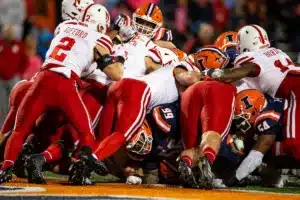 Nebraska Cornhuskers stop Illinois Fighting Illini short of the goal line during a college football game in Lincoln, Nebraska, Friday, October 6, 2023. Photo by John Peterson.