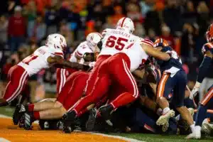 Nebraska Cornhuskers stop Illinois Fighting Illini short of the goal line when it was 4th and 1 during a college football game in Lincoln, Nebraska, Friday, October 6, 2023. Photo by John Peterson.