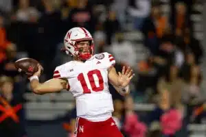 Nebraska Cornhuskers Heinrich Haarberg (10) throws a pass against Illinois Fighting Illini in the first quarter during a college football game in Lincoln, Nebraska, Friday, October 6, 2023. Photo by John Peterson.