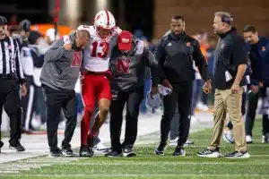 Nebraska Cornhuskers Marcus Washington (13) injuried against the Illinois Fighting Illini during a college football game in Lincoln, Nebraska, Friday, October 6, 2023. Photo by John Peterson.
