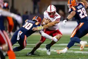 DUPLICATE***Nebraska Cornhuskers Jimari Butler (10)***Nebraska Cornhuskers Heinrich Haarberg (10) runs against Illinois Fighting Illini defensive back Miles Scott (10) during a college football game in Lincoln, Nebraska, Friday, October 6, 2023. Photo by John Peterson.