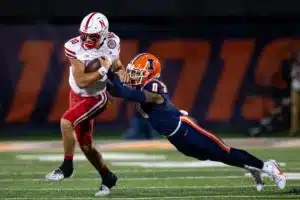 DUPLICATE***Nebraska Cornhuskers Jimari Butler (10)***Nebraska Cornhuskers Heinrich Haarberg (10) runs the ball against Illinois Fighting Illini defensive back Nicario Harper (0) during a college football game in Lincoln, Nebraska, Friday, October 6, 2023. Photo by John Peterson.
