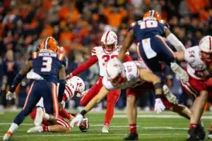 Nebraska Cornhuskers Tristan Alvano (30) kicks an extra point against Illinois Fighting Illini during a college football game in Lincoln, Nebraska, Friday, October 6, 2023. Photo by John Peterson.