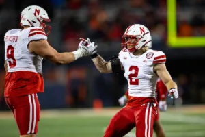 Nebraska Cornhuskers Isaac Gifford (2) gets five to a tackle from Ty Robinson against the Fighting Illini during a college football game in Lincoln, Nebraska, Friday, October 6, 2023. Photo by John Peterson.