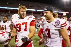 Nebraska Cornhuskers Blaise Gunnerson (97) and Nebraska Cornhuskers Nick Henrich (3) walk off the field against the Illinois Fighting Illini during a college football game in Lincoln, Nebraska, Friday, October 6, 2023. Photo by John Peterson.