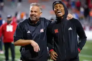 Nebraska Cornhuskers head coach Matt Rhule shares a moment with Nebraska Cornhuskers Marcus Washington (13) walking off the filed during a college football game in Lincoln, Nebraska, Friday, October 6, 2023. Photo by John Peterson.