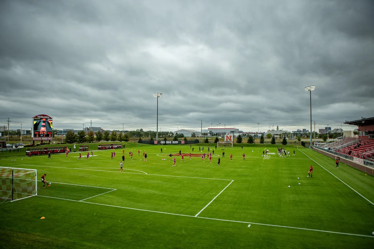 Nebraska Cornhuskers and Maryland Terrapins warm-up before a college soccer match Thursday, October 12, 2023, in Lincoln, Neb. Photo by John S. Peterson.