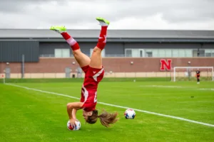 Nebraska Cornhuskers Jordan Zade (37) throws the ball in against the Maryland Terrapins in the first half during a college soccer match Thursday, October 12, 2023, in Lincoln, Neb. Photo by John S. Peterson.