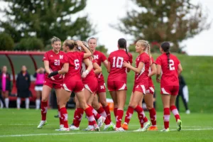 Nebraska Cornhuskers celebrates a goal scored by Sarah Weber against the Maryland Terrapins in the first half during a college soccer match Thursday, October 12, 2023, in Lincoln, Neb. Photo by John S. Peterson.