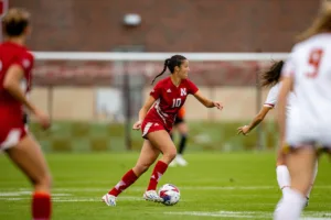 Nebraska Cornhuskers Florence Belzile (10) dribbles the ball against the Maryland Terrapins in the first half during a college soccer match Thursday, October 12, 2023, in Lincoln, Neb. Photo by John S. Peterson.