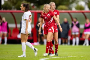 Nebraska Cornhuskers Sadie Waite (11) reacts to missing the goal with Eleanor Dale in the first half against the Maryland Terrapins during a college soccer match Thursday, October 12, 2023, in Lincoln, Neb. Photo by John S. Peterson.