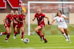 Nebraska Cornhuskers Eleanor Dale (9) on the attack against Maryland Terrapins midfielder Sofi Vinas (8) in the first half during a college soccer match Thursday, October 12, 2023, in Lincoln, Neb. Photo by John S. Peterson.