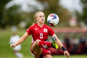 Nebraska Cornhuskers Eleanor Dale (9) receives the ball against the Maryland Terrapins in the second half during a college soccer match Thursday, October 12, 2023, in Lincoln, Neb. Photo by John S. Peterson.