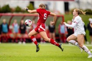 Nebraska Cornhuskers Eleanor Dale (9) takes control of the ball against the Maryland Terrapins in the second half during a college soccer match Thursday, October 12, 2023, in Lincoln, Neb. Photo by John S. Peterson.