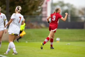 Nebraska Cornhuskers Eleanor Dale (9) give a fist pump celebrating her goal in the second half against the Maryland Terrapins during a college soccer match Thursday, September 12, 2023, in Lincoln, Neb. Photo by John S. Peterson.