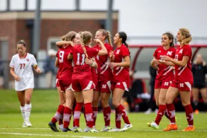 Nebraska Cornhuskers celebrate Eleanor Dale's goal against the Maryland Terrapins in the second half during a college soccer match Thursday, October 12, 2023, in Lincoln, Neb. Photo by John S. Peterson.