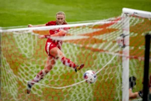 Nebraska Cornhuskers Eleanor Dale (9) takes a shot against the Maryland Terrapins in the second half during a college soccer match Thursday, October 12, 2023, in Lincoln, Neb. Photo by John S. Peterson.