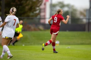 Nebraska Cornhuskers Eleanor Dale (9) give a fist pump celebrating scoring a goal against the Maryland Terrapins in the second half during a college soccer match Thursday, October 12, 2023, in Lincoln, Neb. Photo by John S. Peterson.
