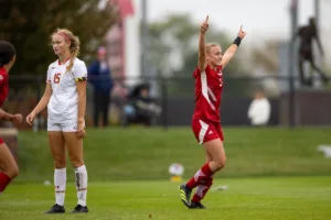 Nebraska Cornhuskers Eleanor Dale (9) celebrates a score against the Maryland Terrapins in the second half during a college soccer match Thursday, October 12, 2023, in Lincoln, Neb. Photo by John S. Peterson.