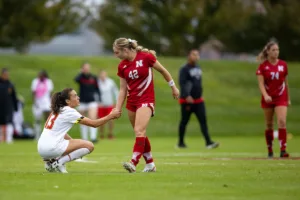 Nebraska Cornhuskers Sarah Weber (42) shakes hands with Maryland Terrapins midfielder Catherine DeRosa (13) after the soccer match Thursday, October 12, 2023, in Lincoln, Neb. Photo by John S. Peterson.