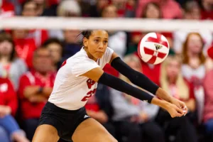 Nebraska Cornhusker Harper Murray (27) digs the ball against Penn State Nittany Lions in the first set during a college volleyball match on Saturday, October 14, 2023, in Lincoln, Nebraska. Photo by John S. Peterson.