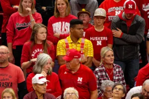 Nebraska Cornhusker fan sporting a corn shirt at the volleyball match against the Penn State Nittany Lions on Saturday, October 14, 2023, in Lincoln, Nebraska. Photo by John S. Peterson.