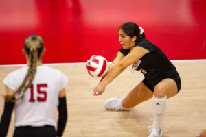 Nebraska Cornhusker Lexi Rodriguez (8) digs the ball against the Penn State Nittany Lions in the second set during a college volleyball match on Saturday, October 14, 2023, in Lincoln, Nebraska. Photo by John S. Peterson.