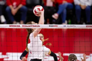 Nebraska Cornhusker Bergen Reilly (2) sets the ball against Penn State Nittany Lions in the second set during a college volleyball match on Saturday, October 14, 2023, in Lincoln, Nebraska. Photo by John S. Peterson.