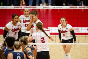 Nebraska Cornhusker celebrates a point by Bergen Reilly (2) in the second set against the Penn State Nittany Lions during a college volleyball match on Saturday, October 14, 2023, in Lincoln, Nebraska. Photo by John S. Peterson.