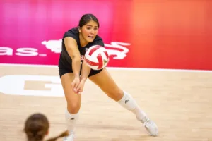 Nebraska Cornhusker Lexi Rodriguez (8) digs the ball against the Penn State Nittany Lions in the third set during a college volleyball match on Saturday, October 14, 2023, in Lincoln, Nebraska. Photo by John S. Peterson.
