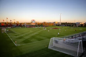 Nebraska Cornhuskers and Purdue Boilermakers warm-up before a college soccer game on Thursday, October 19, 2023, in Lincoln, Nebraska. Photo by John S. Peterson.