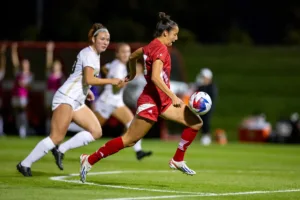Nebraska Cornhuskers Florence Belzile (10)  dribbles the ball down the pitch against the Purdue Boilermakers the first half during a college soccer game on Thursday, October 19, 2023, in Lincoln, Nebraska. Photo by John S. Peterson.