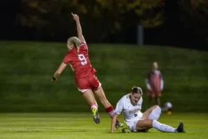 Nebraska Cornhuskers Eleanor Dale (9) scores against Purdue Boilermakers Sabrina Blount (8) in the first half during a college soccer game on Thursday, October 19, 2023, in Lincoln, Nebraska. Photo by John S. Peterson.