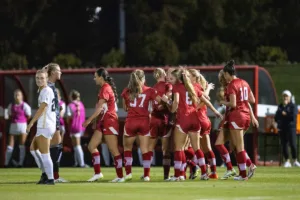 Nebraska Cornhuskers celebrate Eleanor Dale's goal in the first half during a college soccer game on Thursday, October 19, 2023, in Lincoln, Nebraska. Photo by John S. Peterson.