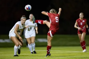 Nebraska Cornhuskers Eleanor Dale (9) trires to take a shot against the Purdue Boilermakers in the second half during a college soccer game on Thursday, October 19, 2023, in Lincoln, Nebraska. Photo by John S. Peterson.