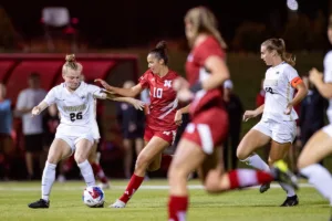 Nebraska Cornhuskers Florence Belzile (10) on the attack against Purdue Boilermakers Olivia Hall (26) in the second half during a college soccer game on Thursday, October 19, 2023, in Lincoln, Nebraska. Photo by John S. Peterson.