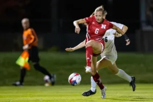 Nebraska Cornhuskers Abbey Schwarz (6) takes control of the ball against Purdue Boilermakers Olivia Hall (26) in the second half during a college soccer game on Thursday, October 19, 2023, in Lincoln, Nebraska. Photo by John S. Peterson.