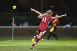 Nebraska Cornhuskers Sadie Waite (11) scores a goal against Purdue Boilermakers Charlotte Cyr (1) in the second half during a college soccer game on Thursday, October 19, 2023, in Lincoln, Nebraska. Photo by John S. Peterson.