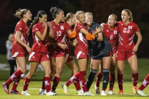 Nebraska Cornhuskers celebrates  Sadie Waite (11) goal against the Purdue Boilermakers in the second half  from  during a college soccer game on Thursday, October 19, 2023, in Lincoln, Nebraska. Photo by John S. Peterson.