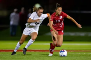 Nebraska Cornhuskers Florence Belzile (10) dribbles the ball against Purdue Boilermakers Abigail Roy (18) in the first half during a college soccer game on Thursday, October 19, 2023, in Lincoln, Nebraska. Photo by John S. Peterson.