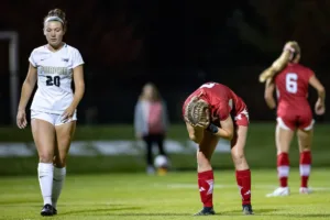 Nebraska Cornhuskers Eleanor Dale (9) reacts to missing the goal against the Purdue Boilermakers in the second half during a college soccer game on Thursday, October 19, 2023, in Lincoln, Nebraska. Photo by John S. Peterson.
