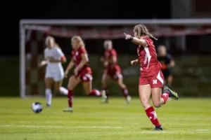 Nebraska Cornhuskers Eleanor Dale (9) asks for a pass for an attack against the Purdue Boilermakers in the second half during a college soccer game on Thursday, October 19, 2023, in Lincoln, Nebraska. Photo by John S. Peterson.