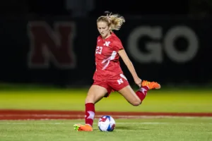 Nebraska Cornhuskers Gwen Lane (23) kicks the ball against the Purdue Boilermakers in the second half during a college soccer game on Thursday, October 19, 2023, in Lincoln, Nebraska. Photo by John S. Peterson.