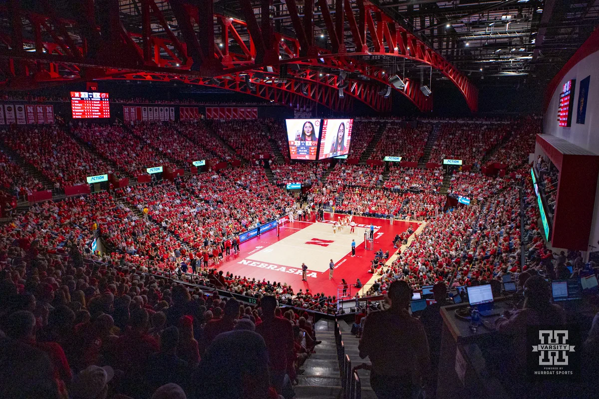 Nebraska Cornhusker had a record attendance of 9,198 against the Wisconsin Badgers during a college volleyball match on Saturday, October 21, 2023, in Lincoln, Nebraska. Photo by John S. Peterson.