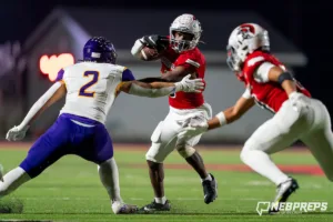 Westside Higih School running back Jahmez Ross (6) during a game between Bellevue West and the Westside in Omaha, NE on Friday November 3rd, 2023. . Photo by Eric Francis