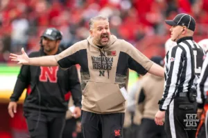 Nebraska Cornhuskers head coach Matt Rhule reacts to a call during a game between the Maryland Terrapins and the Nebraska Cornhuskers in Lincoln, NE on Saturday November 11th, 2023. . Photo by Eric Francis