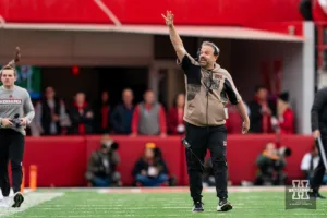 Nebraska Cornhuskers head coach Matt Rhule signals the end of the third quarter during a game between the Maryland Terrapins and the Nebraska Cornhuskers in Lincoln, NE on Saturday November 11th, 2023. . Photo by Eric Francis
